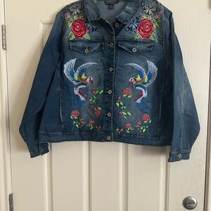 Baccini Embroidered Denim Jacket with Floral and Bird Design